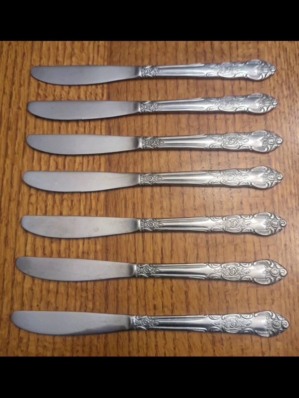 Vintage LUSTREWARE │ Lot of 7 -Korea Stainless Dinner Knives │Rose Design